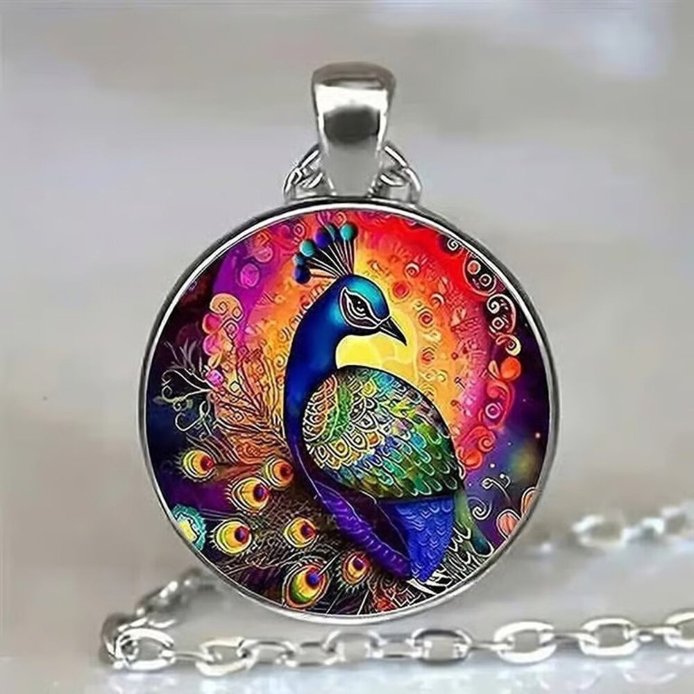 Silver PEACOCK Glass Cabochon Pendant Necklace